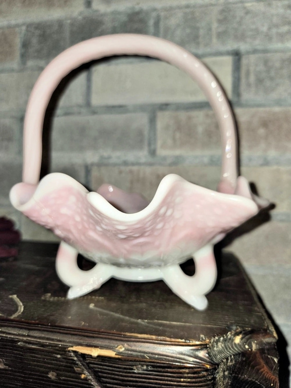 Fenton Pink & White Art Glass Basket Decor